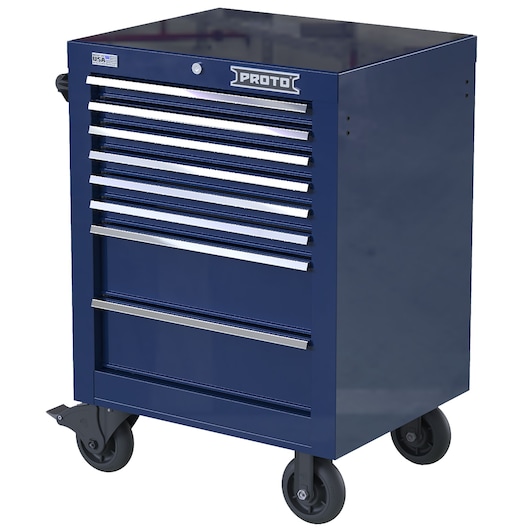 PROTO blue mobile tool cabinet with seven drawers, SKU JSTV2739RS08BL, front angle on white background.