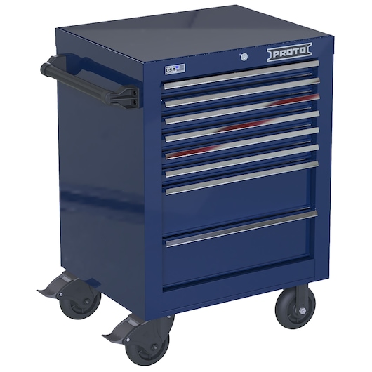 PROTO JSTV2739RS08BL blue tool chest with seven drawers, side handle and caster wheels, front angle photo.