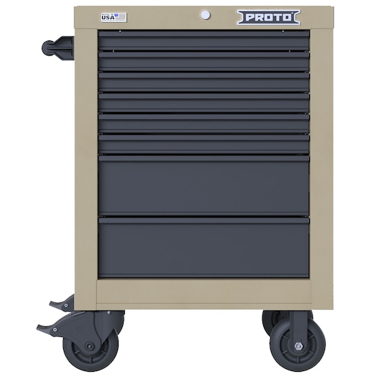 Front view photography of PROTO JSTV2739RS08DT beige and black rolling tool cabinet with eight drawers.