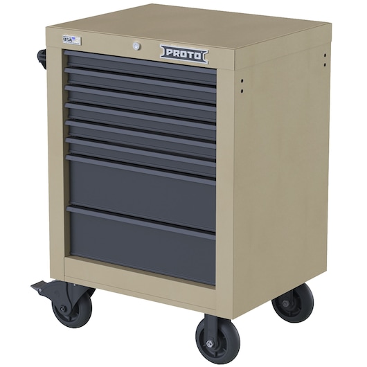 Photo of PROTO JSTV2739RS08DT beige and black rolling tool cabinet with seven drawers, angled on white background.