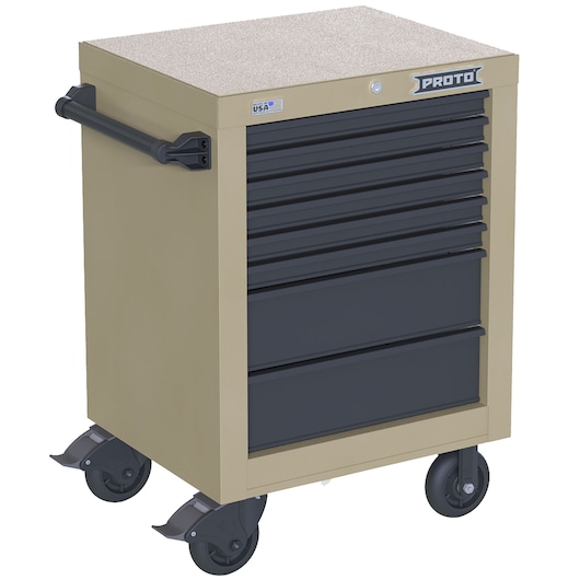 PROTO JSTV2739RS08DT beige rolling tool cabinet with seven black drawers and side handle, shown on white background.