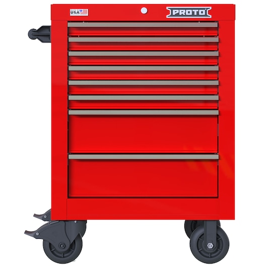 PROTO JSTV2739RS08RD red rolling tool cabinet with seven drawers, side handle, and caster wheels, front view.