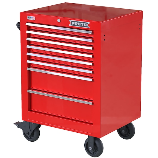 Photo of PROTO JSTV2739RS08RD red rolling tool cabinet with seven drawers, silver handles, and four wheels, angled view.