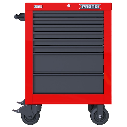 PROTO JSTV2739RS08RG red and black rolling tool cabinet with eight drawers, front angle, white background.
