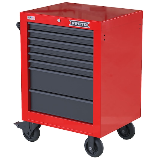 PROTO JSTV2739RS08RG red rolling tool cabinet with seven drawers, black handles, front angle on white background.