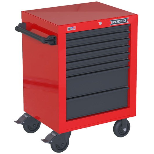 PROTO JSTV2739RS08RG red rolling tool cabinet with seven black drawers, side handle, and four swivel casters, front angle.