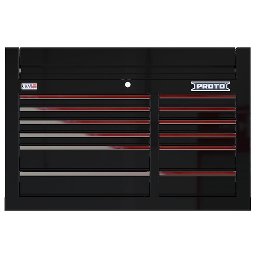 PROTO black tool chest JSTV4228CD12BK with multiple drawers, photographed from the front on white background.