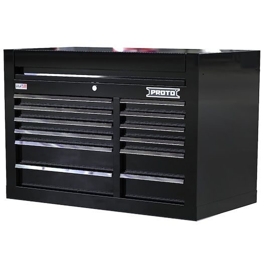 PROTO JSTV4228CD12BK black tool chest with multiple drawers, angled front view, white background.