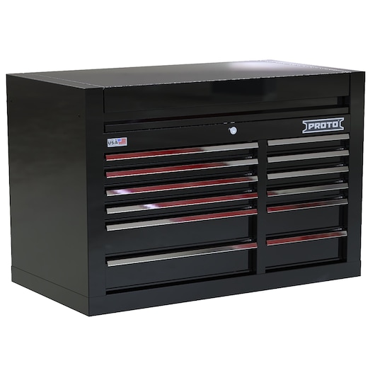 PROTO JSTV4228CD12BK black steel tool chest with multiple drawers, front angle view.