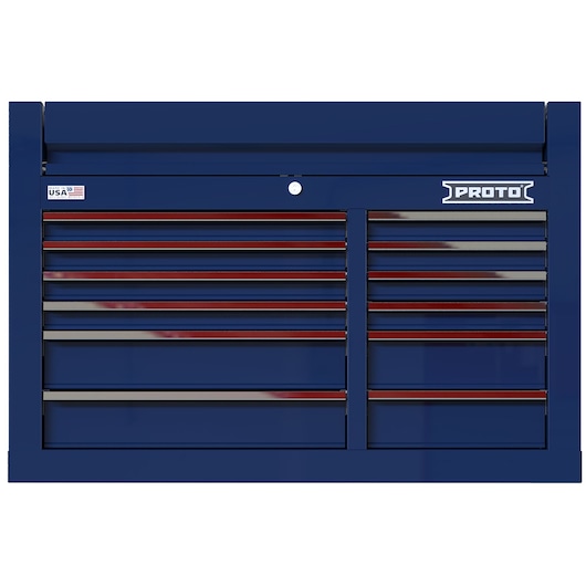 PROTO JSTV4228CD12BL blue 12-drawer tool chest, front view, metal construction, white background.