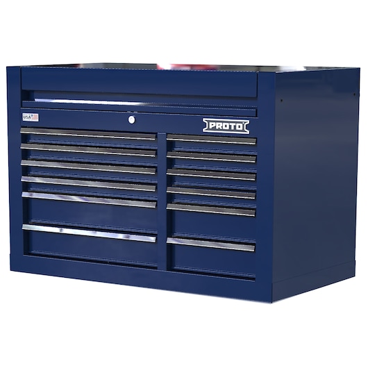 PROTO JSTV4228CD12BL blue steel tool chest with multiple drawers, photographed at angle on white background.