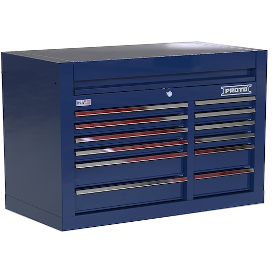 Photo of PROTO blue tool chest with multiple drawers, side angle, SKU JSTV4228CD12BL.