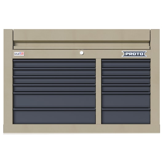 PROTO JSTV4228CD12DT beige and black tool chest with multiple drawers, front angle on white background.
