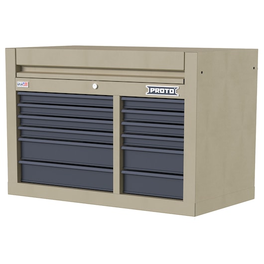 PROTO JSTV4228CD12DT tan and black steel tool chest with 12 drawers, front angle on white background.