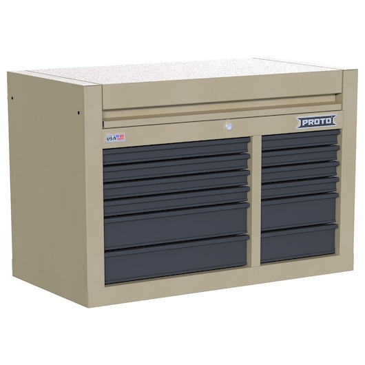 PROTO JSTV4228CD12DT tool chest with beige body, black drawers, dual columns, angled left on white background.