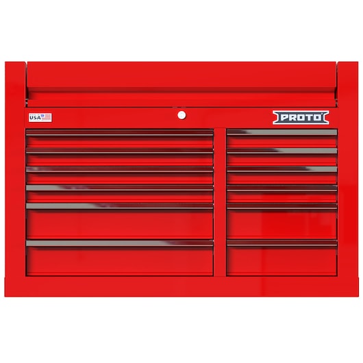 PROTO JSTV4228CD12RD red tool chest with multiple drawers, photographed from the front on white background.