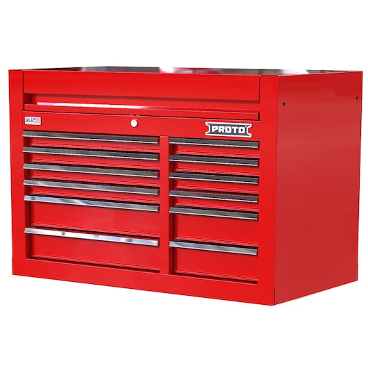 PROTO JSTV4228CD12RD red tool chest with multiple drawers, front angle on white background.