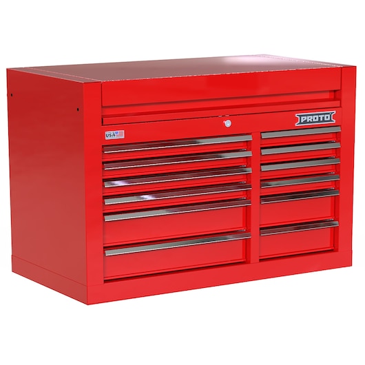 PROTO JSTV4228CD12RD red steel tool chest with multiple drawers, front angle on white background.