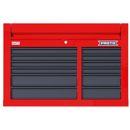 PROTO JSTV4228CD12RG red tool chest with multiple black drawers, front view, white background.