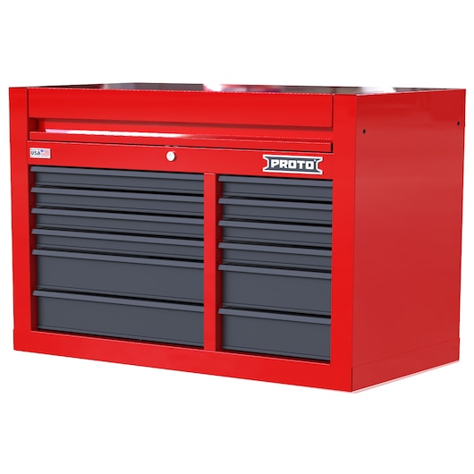 PROTO red and black tool chest with multiple drawers, SKU JSTV4228CD12RG, front angled view on white background.