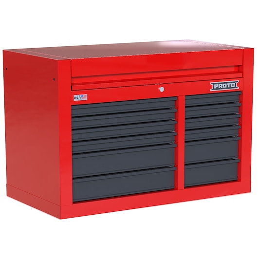 PROTO JSTV4228CD12RG red and black tool chest with multiple drawers, front angle on white background.
