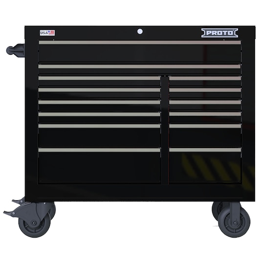 PROTO JSTV4239RD14BK black rolling tool chest with multiple drawers, front angle, white background.