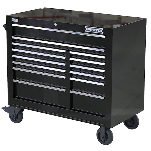 Photo of PROTO JSTV4239RD14BK black rolling tool chest with multiple drawers, front angle, white background.