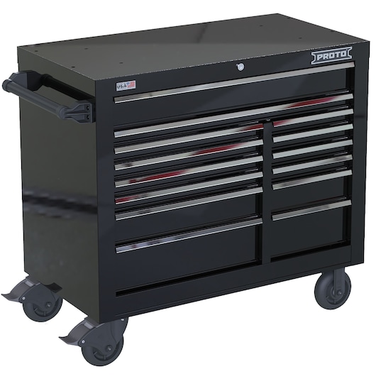 PROTO JSTV4239RD14BK black rolling tool cabinet with multiple drawers, side handle, and caster wheels, front angle.