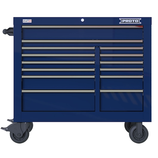 PROTO blue rolling tool chest with multiple drawers, front angle, SKU JSTV4239RD14BL.