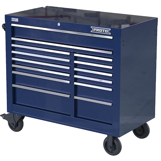 PROTO blue rolling tool chest with multiple drawers, front angle, SKU JSTV4239RD14BL.
