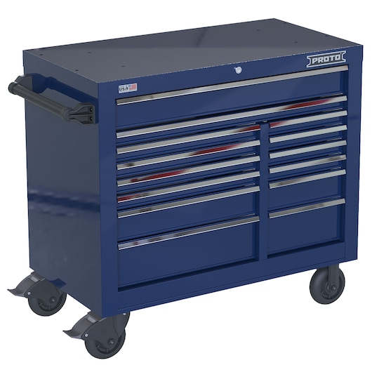 PROTO blue rolling tool cabinet with multiple drawers, side handle, and locking casters, JSTV4239RD14BL, front angle.