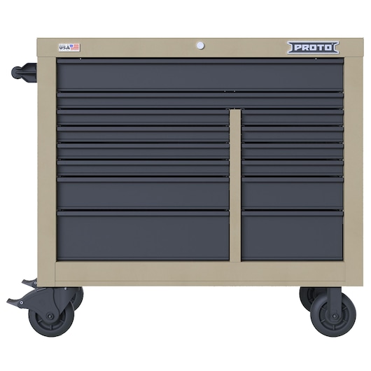 PROTO JSTV4239RD14DT beige and black rolling tool chest with multiple drawers, front view on white background.