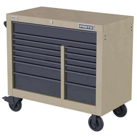 PROTO JSTV4239RD14DT rolling tool cabinet, beige and black, multiple drawers, side angle on white background.