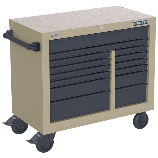 PROTO rolling tool cabinet JSTV4239RD14DT in beige with black drawers, side handle, and four caster wheels, front angle.