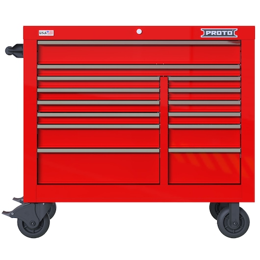 PROTO JSTV4239RD14RD red rolling tool cabinet with multiple drawers, front view on white background.