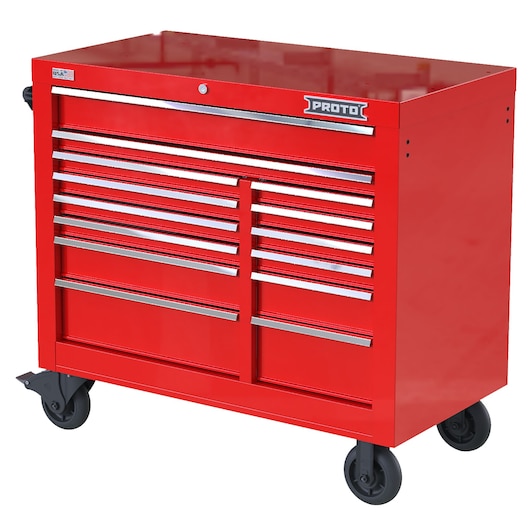 Photo of PROTO red rolling tool chest with multiple drawers, model JSTV4239RD14RD, front angle on white background.