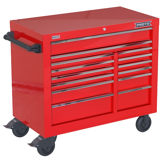 PROTO JSTV4239RD14RD red rolling tool chest with multiple drawers, side handle, and caster wheels, front angle.