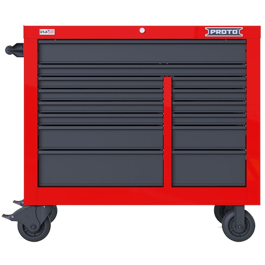 PROTO JSTV4239RD14RG red tool chest with multiple drawers, front angle, photography on white background.