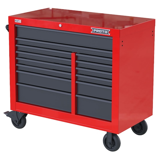 PROTO JSTV4239RD14RG red and black tool chest with drawers and wheels, front angle, photography.
