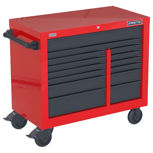 PROTO JSTV4239RD14RG red rolling tool cabinet with multiple black drawers, side handle, and four caster wheels, front angle.