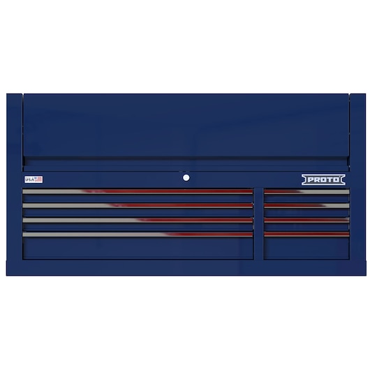 Photo of PROTO JSTV5528CD08BL blue tool chest with multiple drawers, front angle, white background.