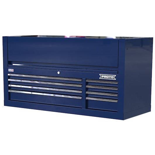 Photo of PROTO blue metal tool chest with multiple drawers, SKU JSTV5528CD08BL, front angle view.