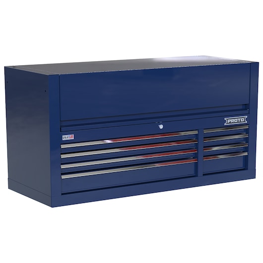 PROTO JSTV5528CD08BL blue steel tool chest with multiple drawers, front angle on white background.