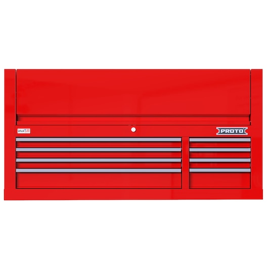 PROTO JSTV5528CD08RD red tool chest with multiple drawers, photographed from the front on white background.