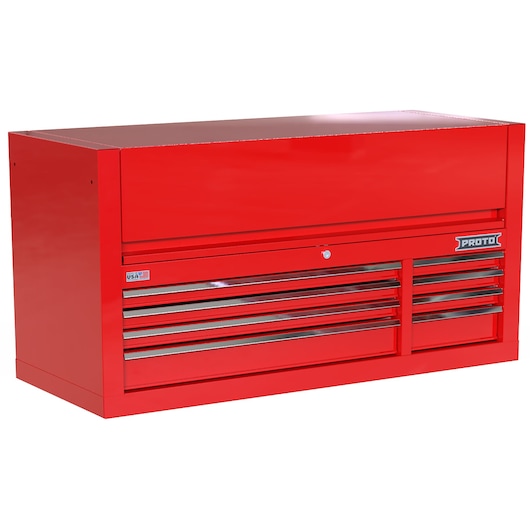 PROTO JSTV5528CD08RD red tool chest with multiple drawers, front angle on white background.