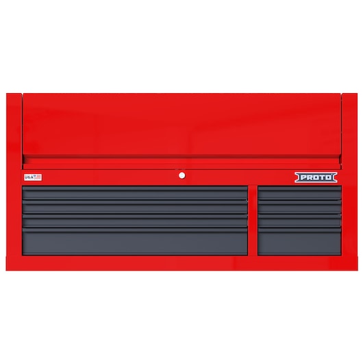 Front angle photo of PROTO red tool chest JSTV5528CD08RG with multiple black drawers on white background.