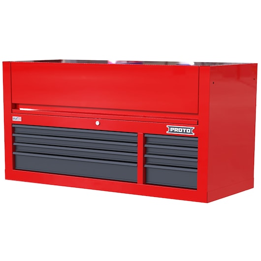 PROTO JSTV5528CD08RG red and black tool chest with multiple drawers, front angle on white background.