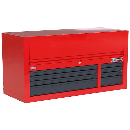 PROTO JSTV5528CD08RG red steel tool chest with multiple black drawers, front angled on white background.