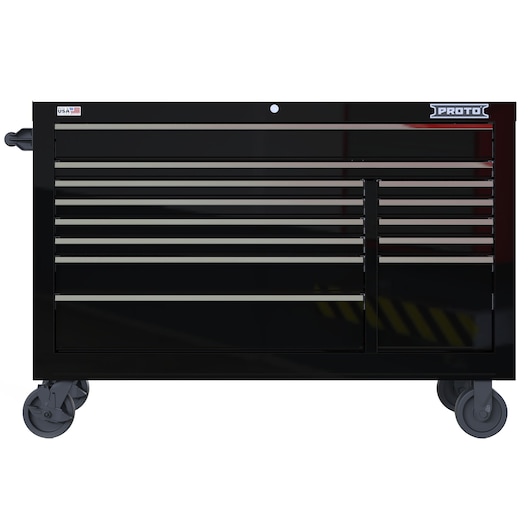 PROTO JSTV5539RD13BK black tool chest with multiple drawers on wheels, front angle, white background.