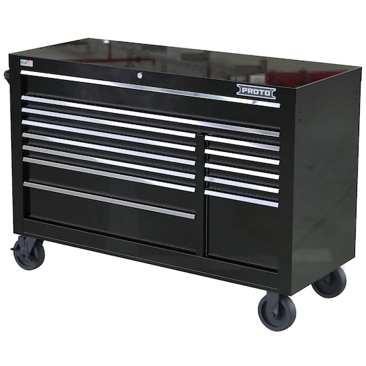 PROTO JSTV5539RD13BK black rolling tool chest with multiple drawers, front angle on white background.